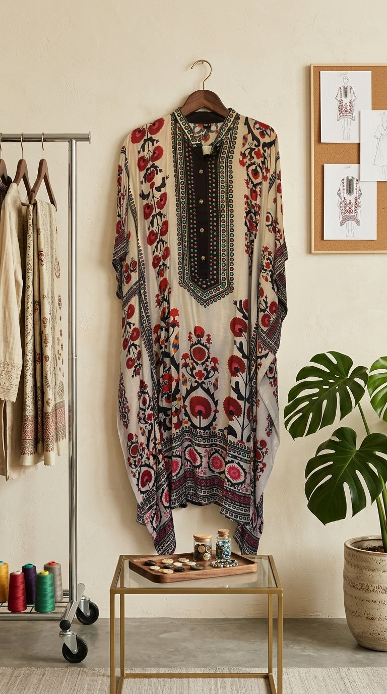Suzani print Kftan Style Kurta set in Muslin Modal