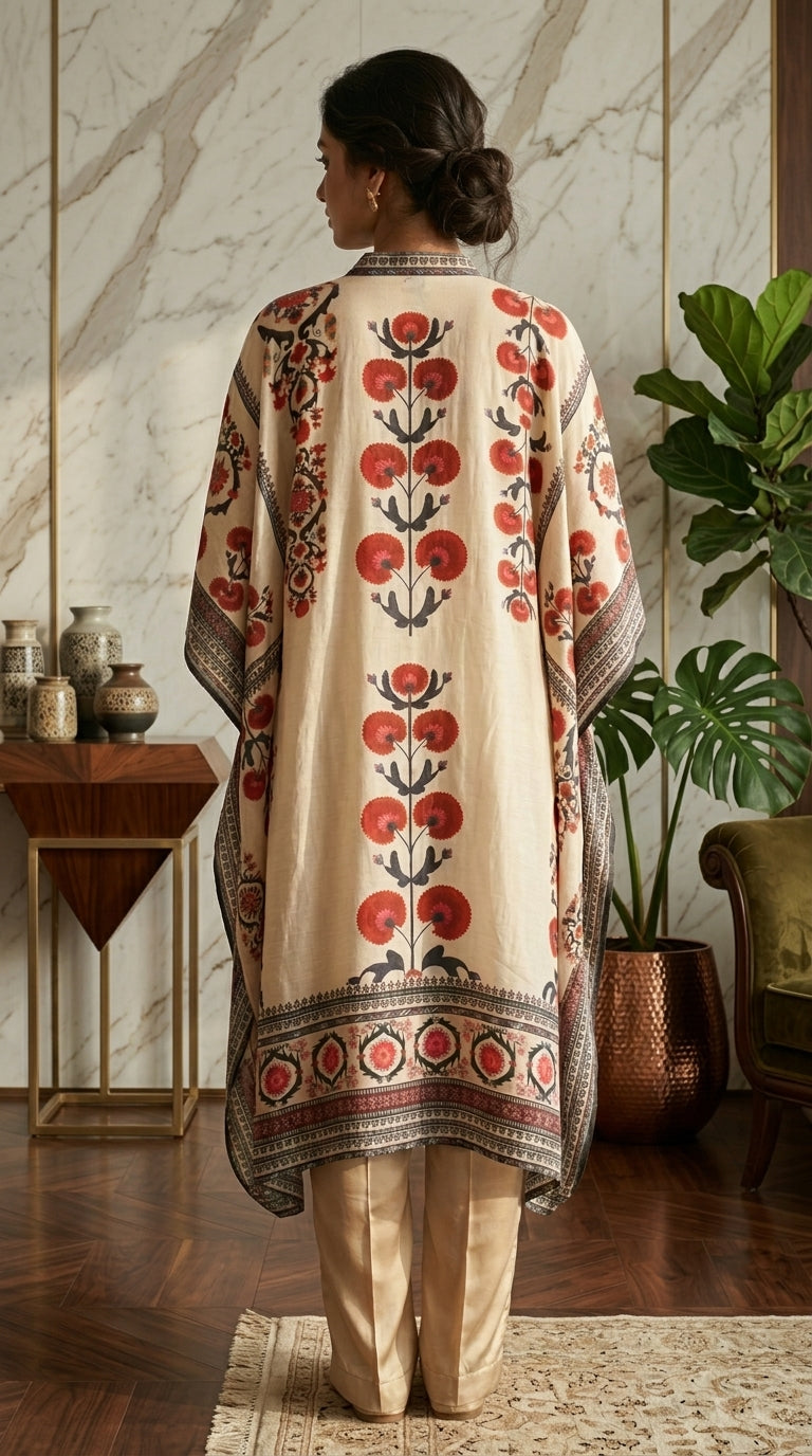 Suzani print Kftan Style Kurta set in Muslin Modal