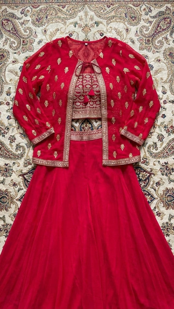 Product Name: Red Embroidered Viscose 3-Piece Jacket Sharara  Set