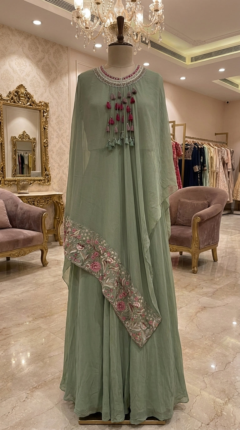 Sage Green Organza 3-Piece Kurta Set with Floral Embroidery – Size 42
