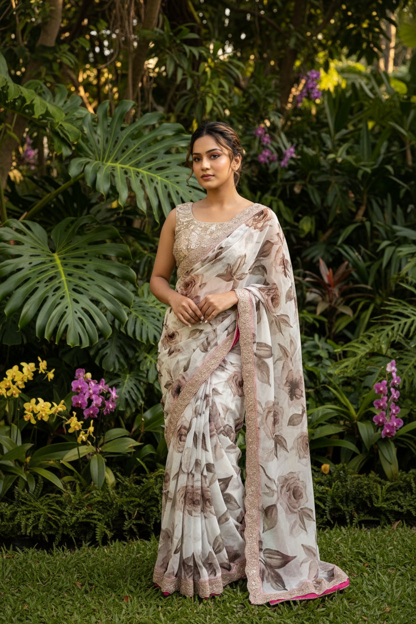 Ivory Rose Print Mesh Saree with Lace Border
