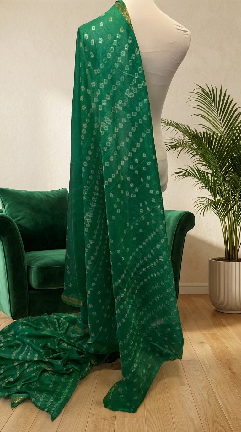 Green Bandhani Viscose Silk Saree with Blouse Piece | Traditional Tie-Dye Saree | Festive & Wedding Wear