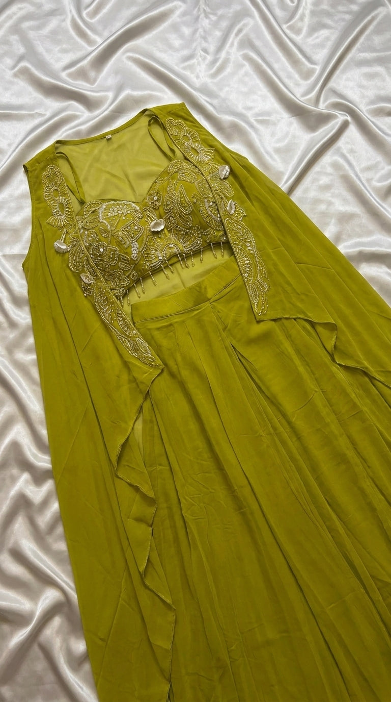 Lime Green 3-Piece Embellished Crop Top, Dhoti Skirt & Cape Set | Indo-Western Party Wear | Vegan Crepe