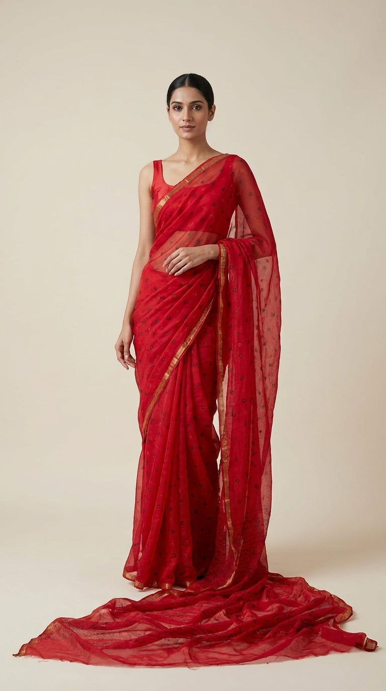 Red Bandhani Kota Saree with Blouse Piece | Sheer Tie-Dye Saree