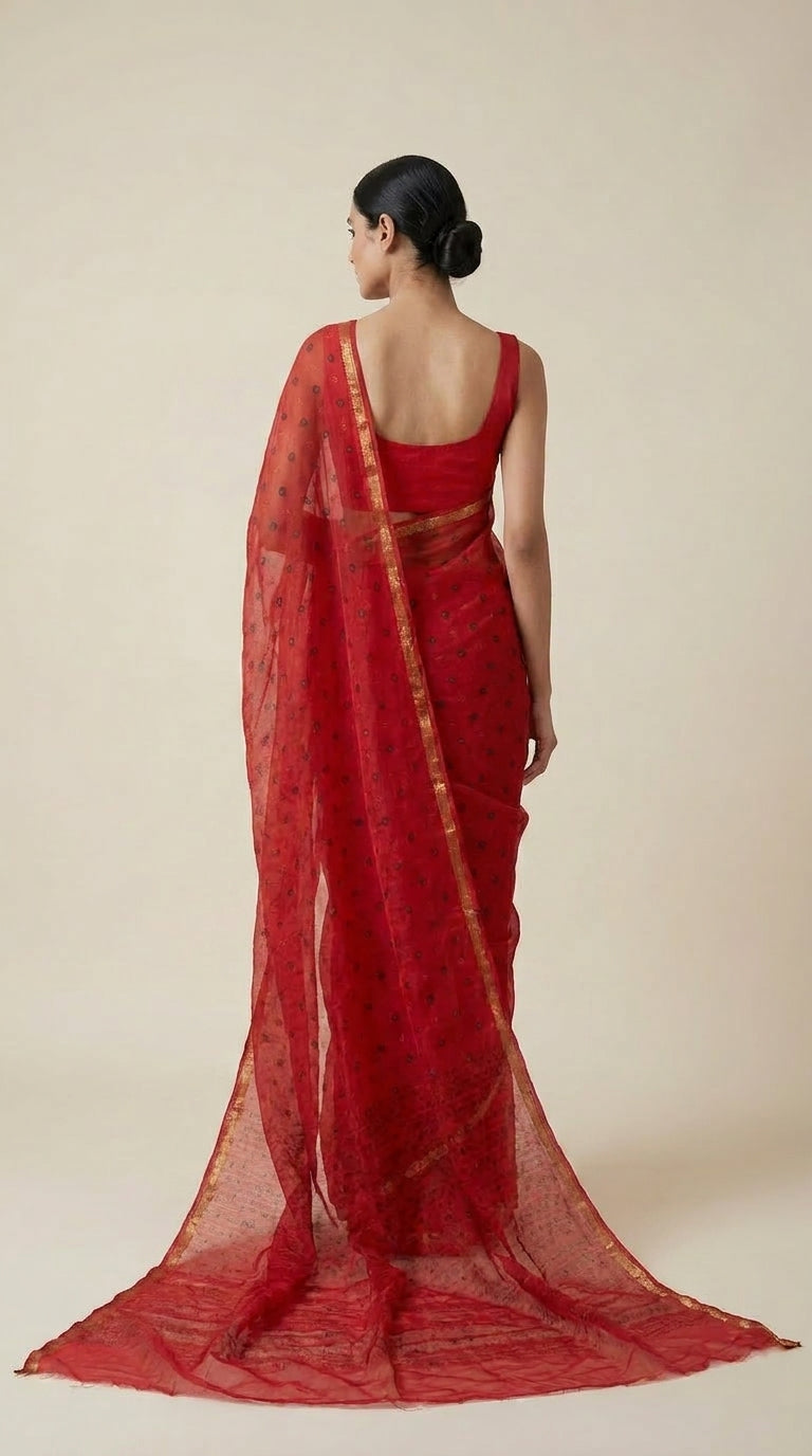 Red Bandhani Kota Saree with Blouse Piece | Sheer Tie-Dye Saree