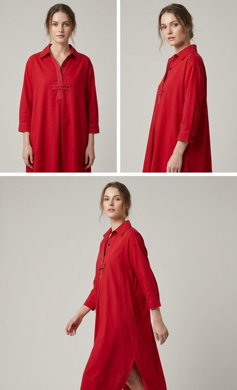 Red Cotton Kurta & Palazzo Co-ord Set | Contrast Topstitch | Artisan Craft | Size 46