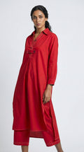 Red Cotton Kurta & Palazzo Co-ord Set | Contrast Topstitch | Artisan Craft | Size 46