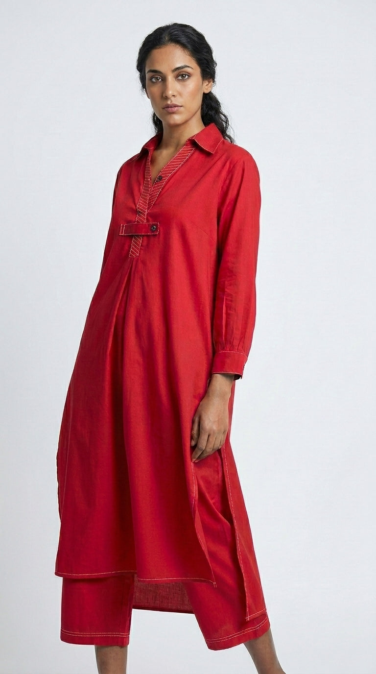 Red Cotton Kurta & Palazzo Co-ord Set | Contrast Topstitch | Artisan Craft | Size 46
