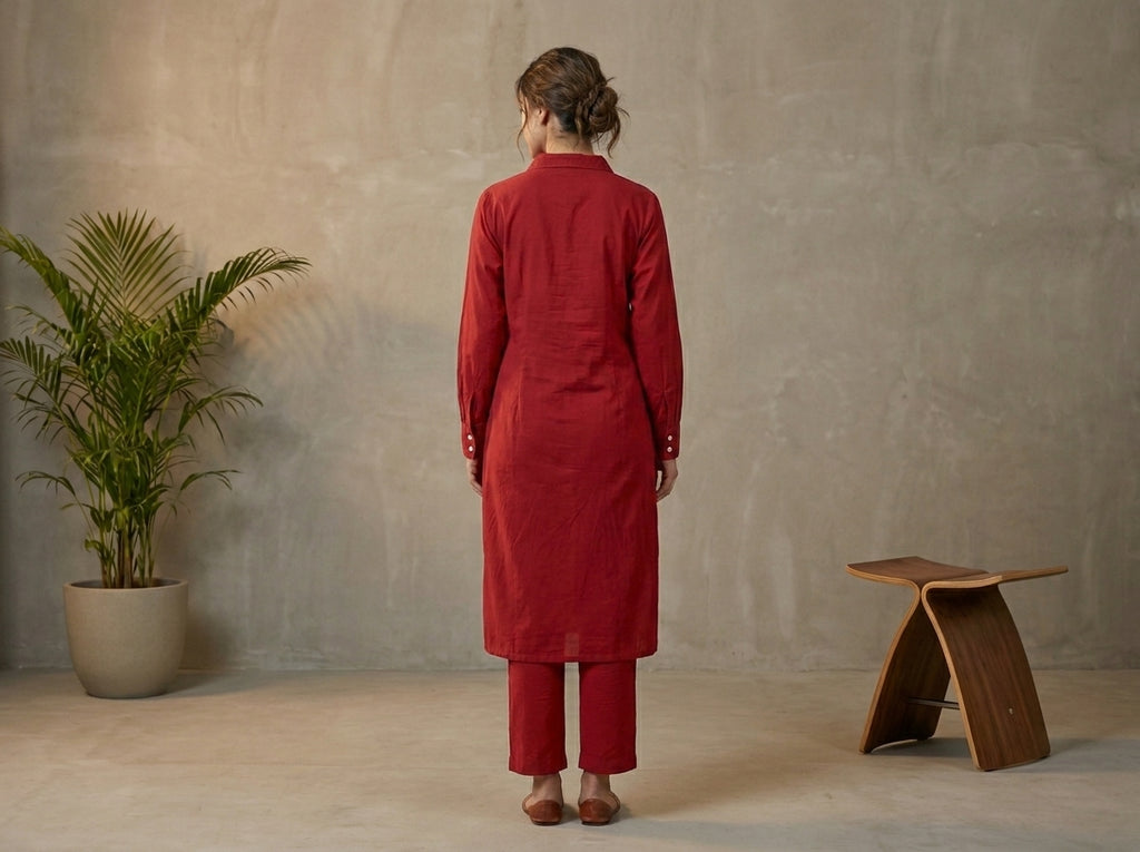 Red Cotton Kurta & Palazzo Co-ord Set | Contrast Topstitch | Artisan Craft | Size 46