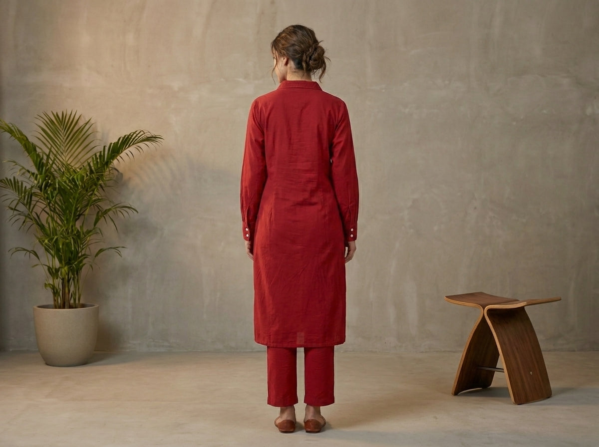 Red Cotton Kurta & Palazzo Co-ord Set | Contrast Topstitch | Artisan Craft | Size 46