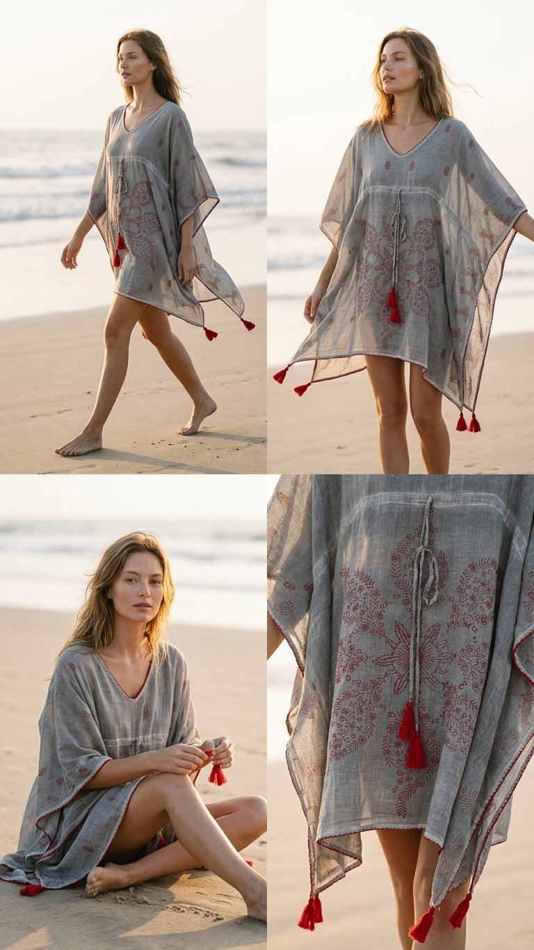 Grey Embroidered Cotton Voile Kaftan with Red Tassel Trim | Beach Cover-Up | One Size Fits L–4XL
