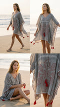 Grey Embroidered Cotton Voile Kaftan with Red Tassel Trim | Beach Cover-Up | One Size Fits L–4XL