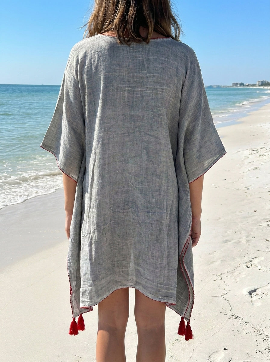 Grey Embroidered Cotton Voile Kaftan with Red Tassel Trim | Beach Cover-Up | One Size Fits L–4XL