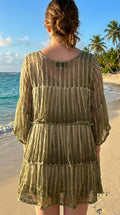 Sage Hand-Dyed Viscose Tiered Mini Dress | Pom-Pom Trim | Bell Sleeves | With Cotton Slip