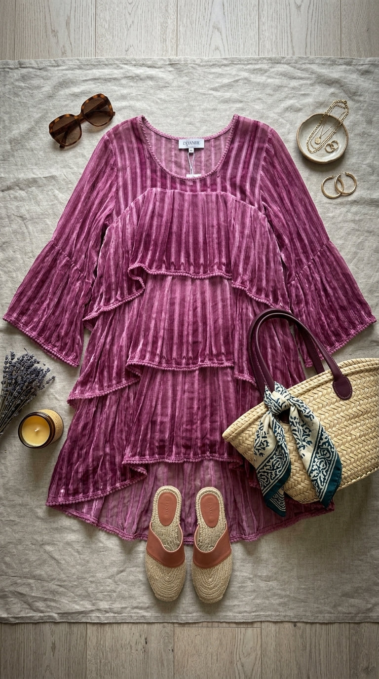 Plum Hand-Dyed Viscose Tiered Mini Dress | Pom-Pom Trim | Bell Sleeves | With Cotton Slip