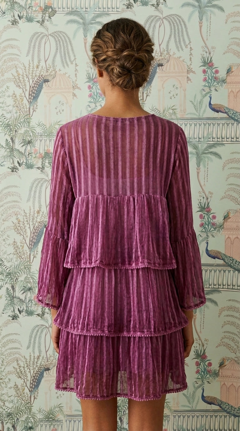 Plum Hand-Dyed Viscose Tiered Mini Dress | Pom-Pom Trim | Bell Sleeves | With Cotton Slip