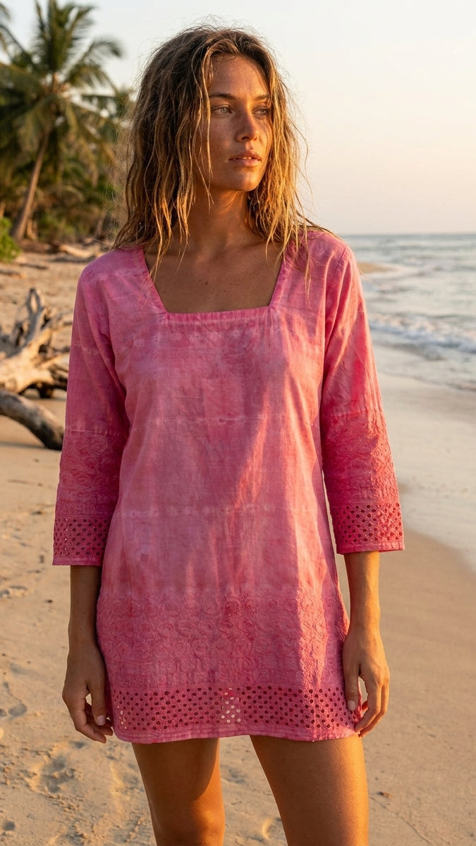 Pink Distressed Cotton Beach Tunic