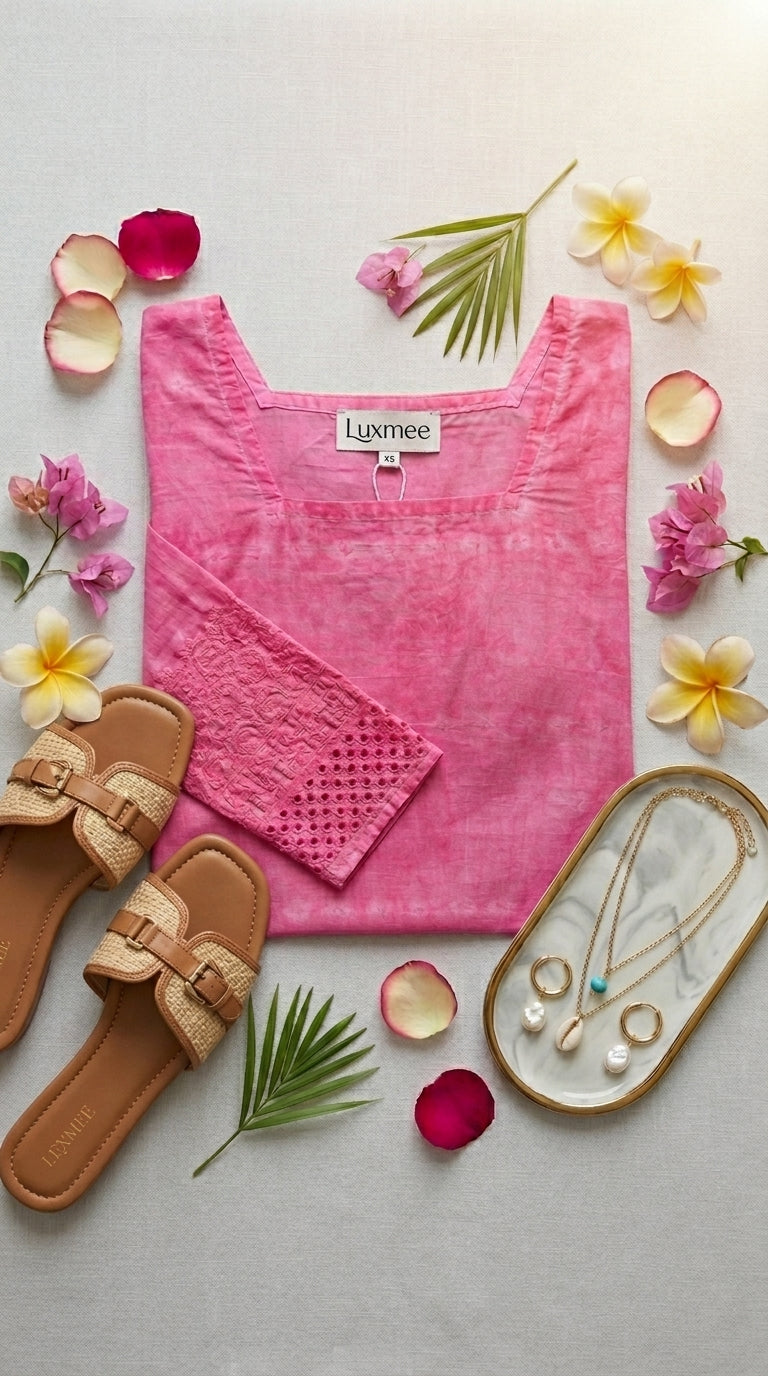 Flatlay of pink distressed cotton beach tunic styled with Luxmee sandals, shell jewellery and tropical flowers — Luxmee Global Fashion