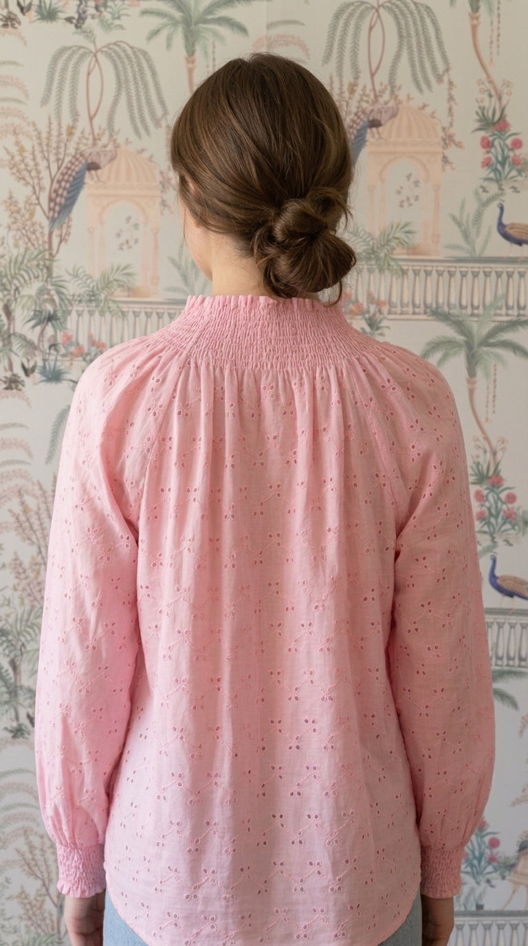 Petal Pink Eyelet Cotton Blouse – Smocked Collar Top
