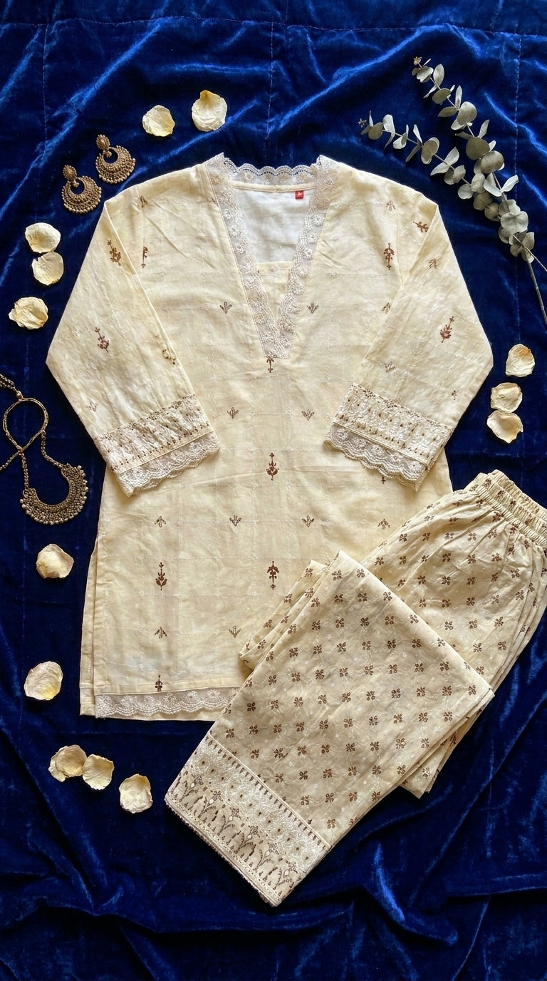 Ivory Cotton Farshi Salwar/Palazzo Co-ord Set |  — Luxmee