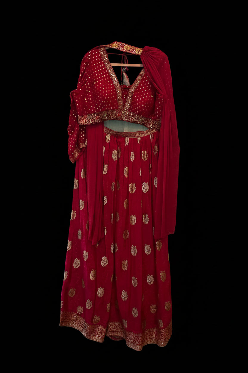 Crimson Gold Sequin Sharara Set with Dupatta —  Size XXL