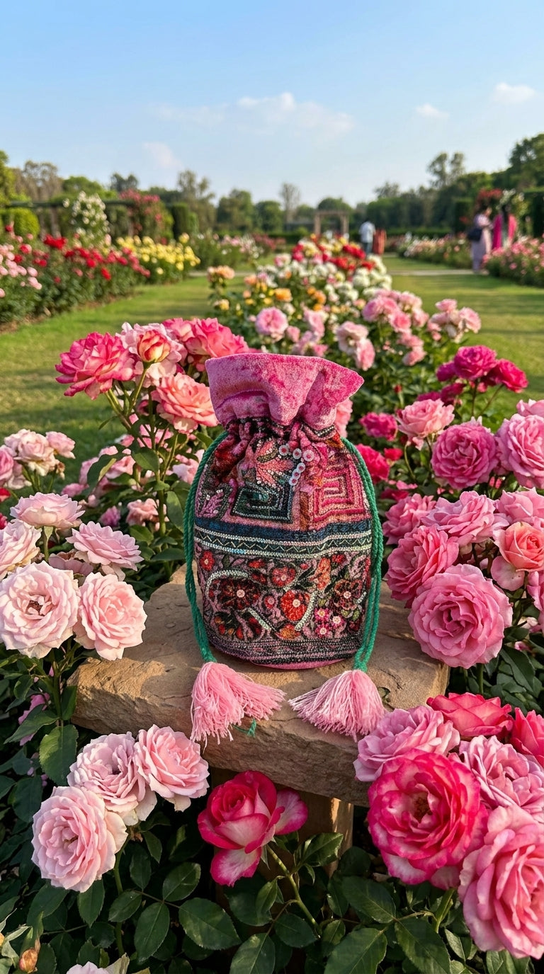 Pink Velvet Beaded Potli Bag — Embroidered Bucket Bag, Tassel Drawstring