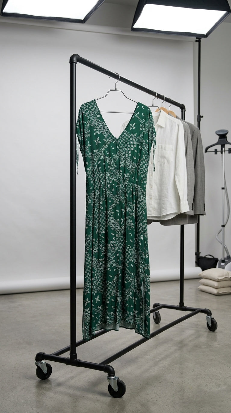 Forest Green Geometric Maxi Dress — Deep V-Neck, Side Slits, Plus Size