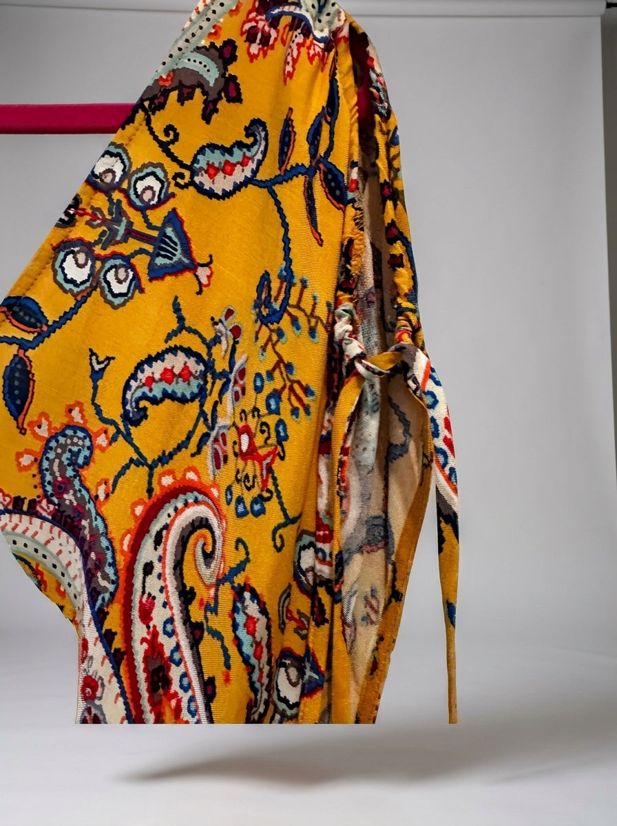 Mustard  Paisley Maxi Dress — Deep V-Neck, Side Slits, Plus Size