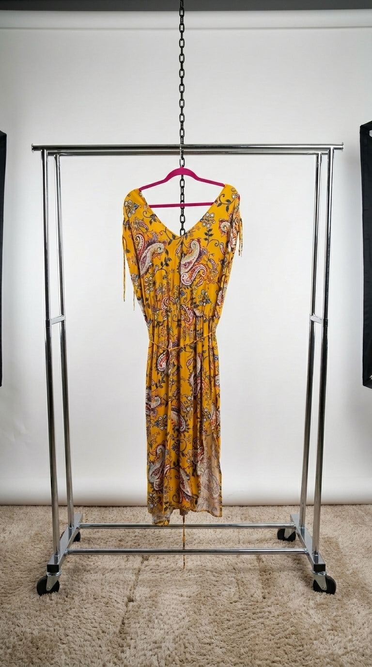 Mustard  Paisley Maxi Dress — Deep V-Neck, Side Slits, Plus Size