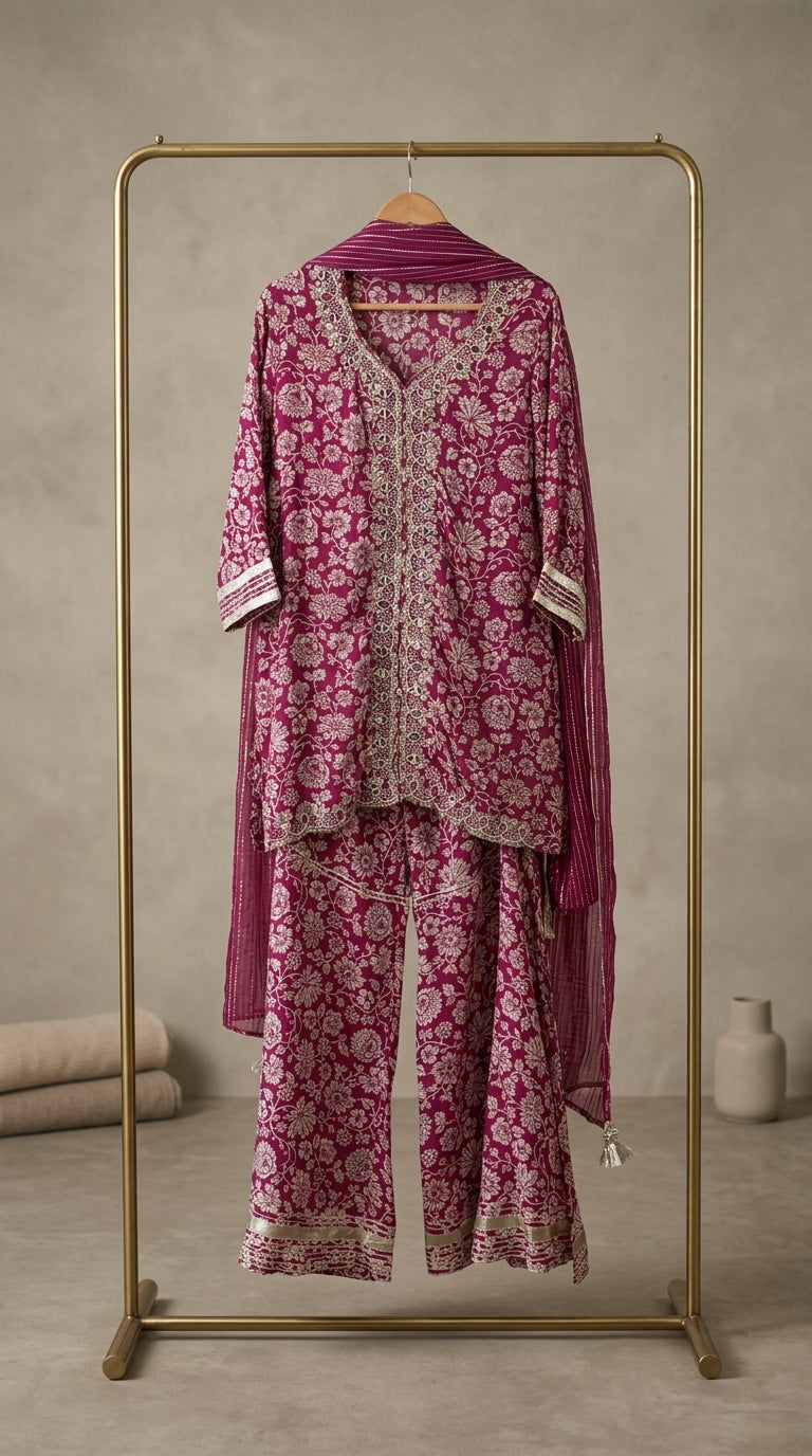 Magenta Floral embroidered  3-Piece Kurta Set — Muslin Modal, Palazzo & Dupatta