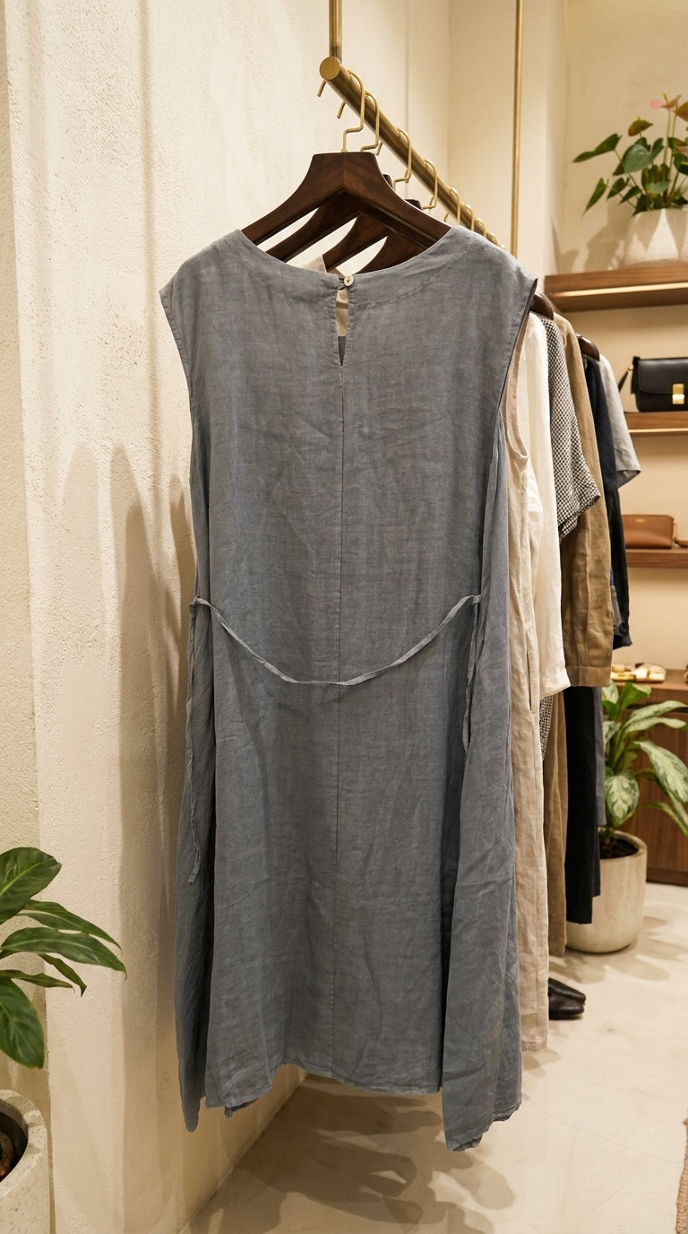 Italian Linen Maxi Dress — Slate Blue, Asymmetric Hem, One Size | Made in Italy