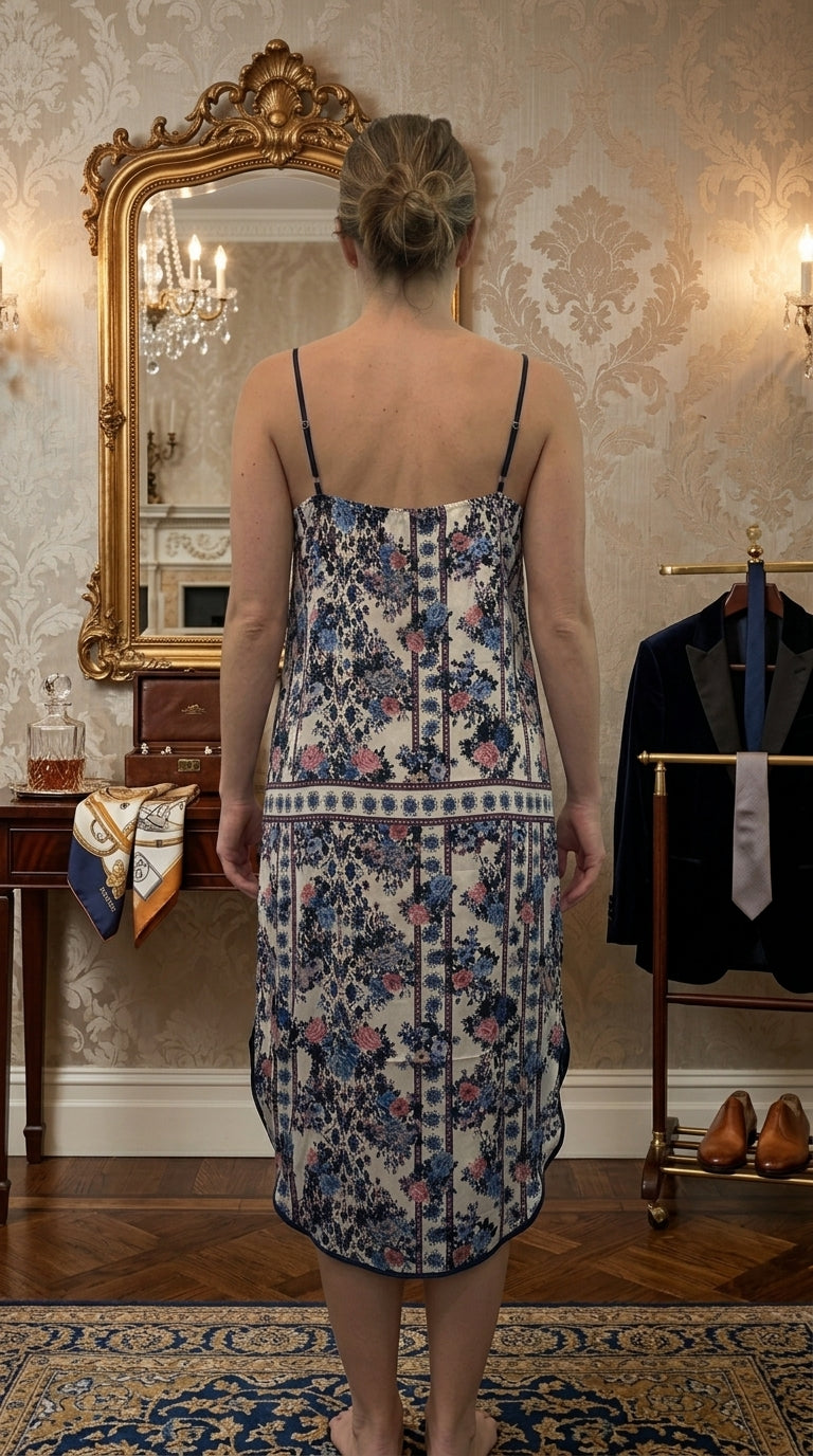 Floral Border Print Slip Dress — Rayon, Navy Lace Trim, High-Low Hem