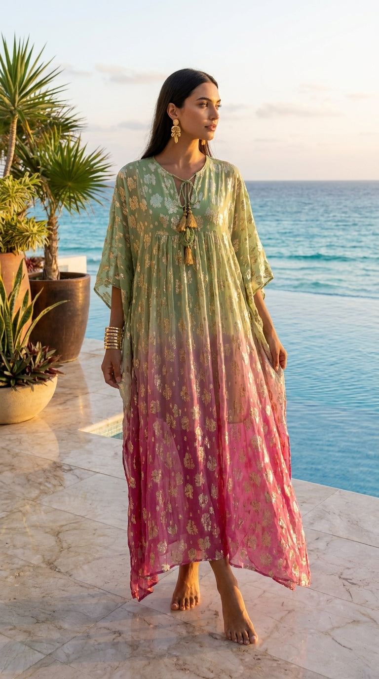 Sage & Rose Ombre Lurex Kaftan —  Tassel Tie, Maxi | One Size