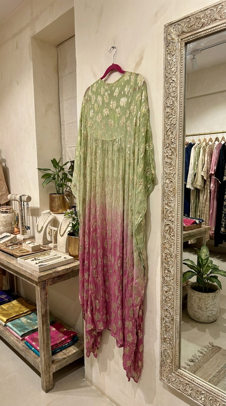 Sage & Rose Ombre Lurex Kaftan —  Tassel Tie, Maxi | One Size