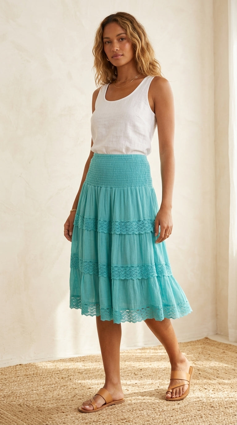 Aqua Tiered Crochet Lace Skirt — Smocked Waist, Knee Length