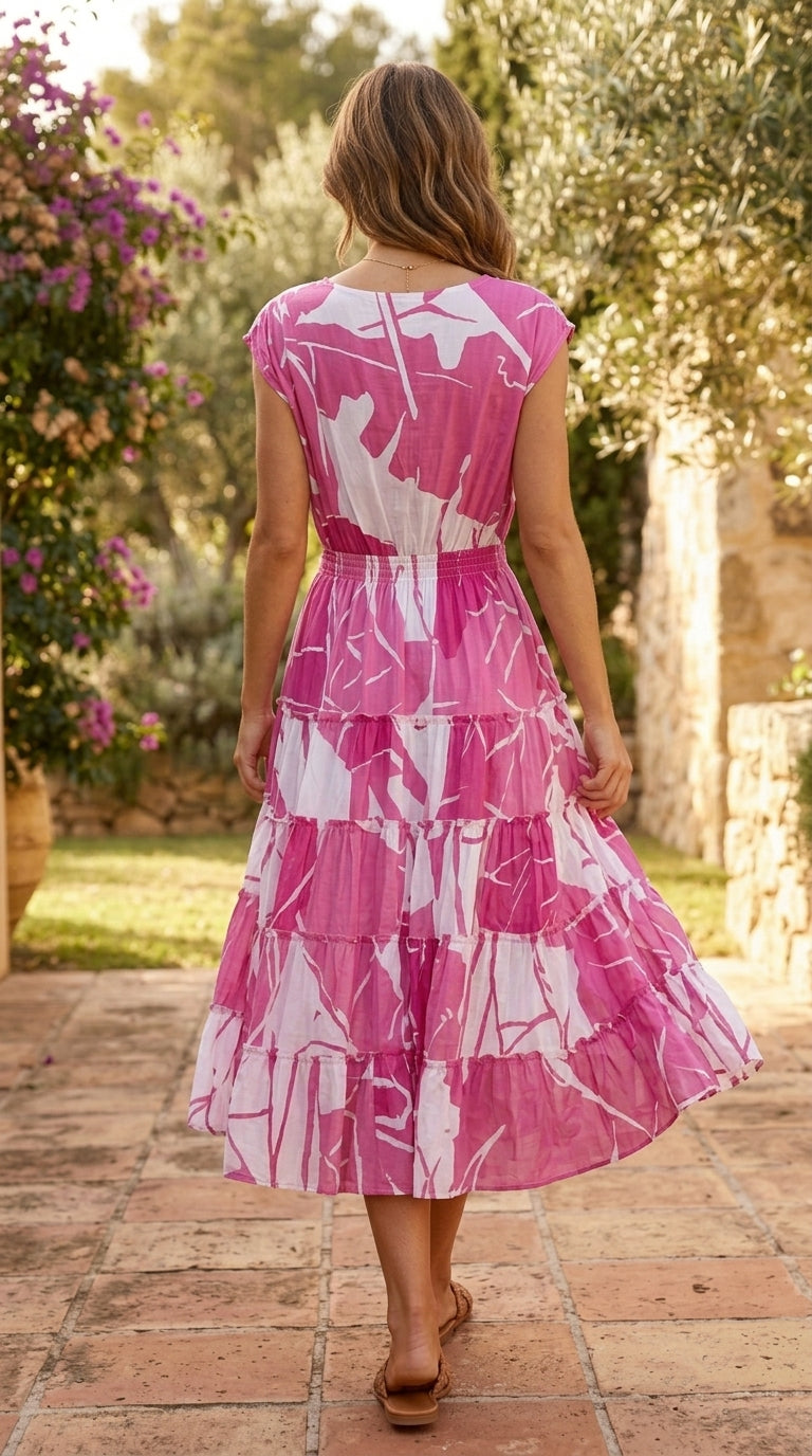 Pink and white abstract print cotton tiered midi dress, back view showing smocked waist