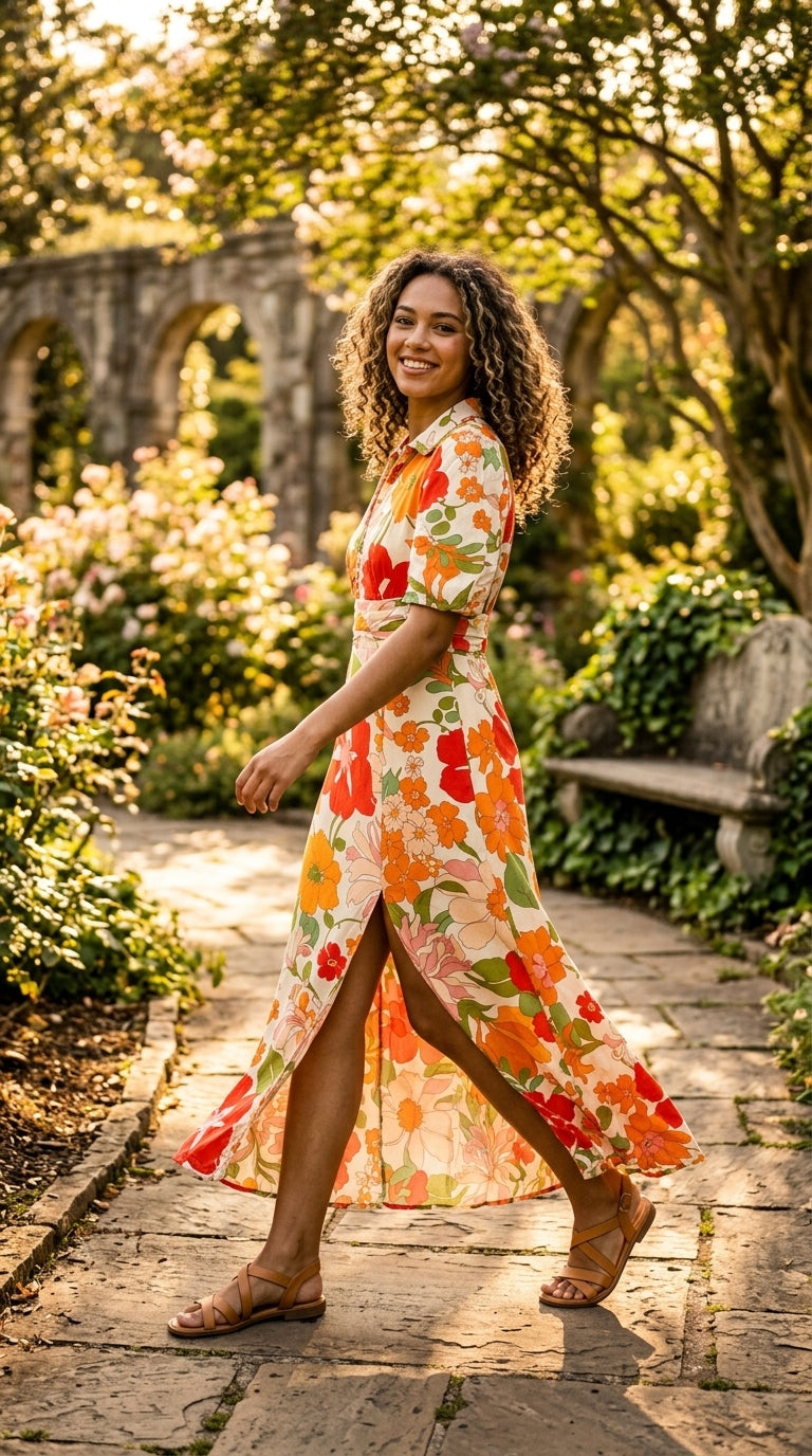 Woman walking in vintage orange and pink floral collared maxi dress, side view with front slit