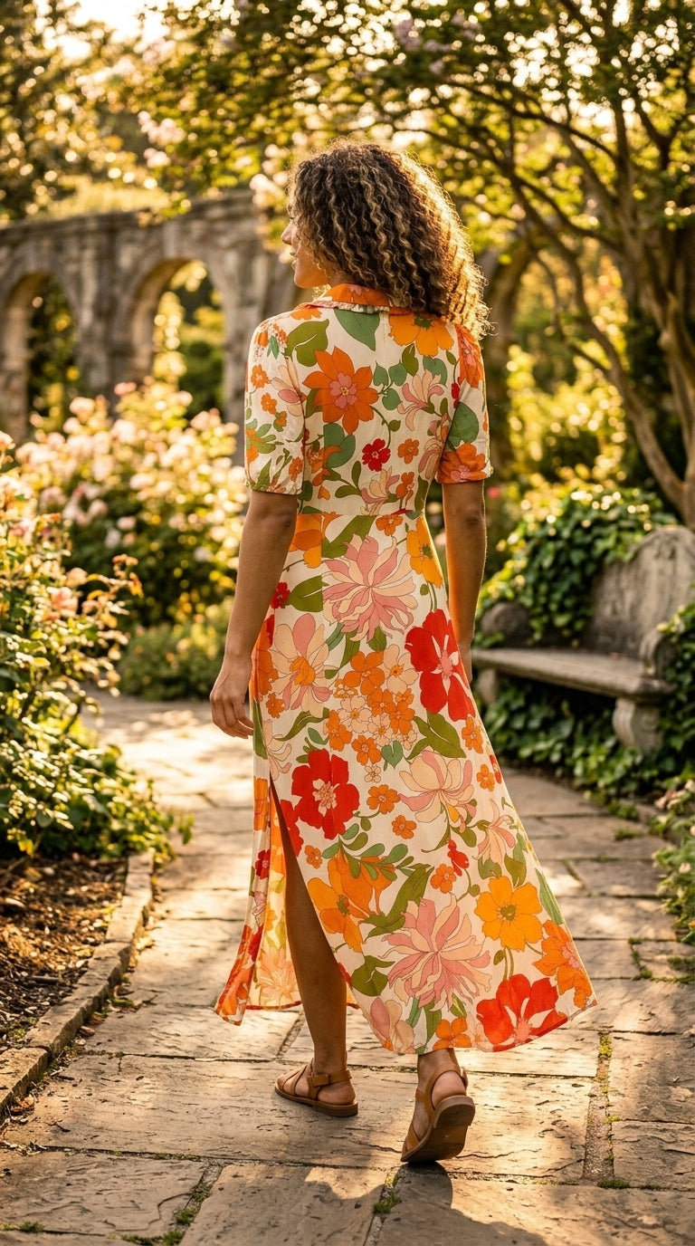 Vintage floral collared maxi dress, back view in garden setting