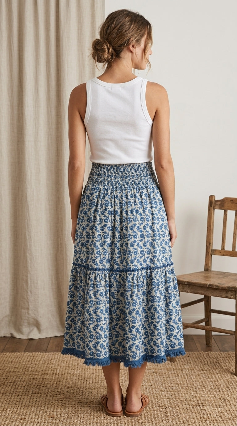 Woman wearing a white sleeveless top and blue patterned skirt in a room with a wooden chair and beige curtain.