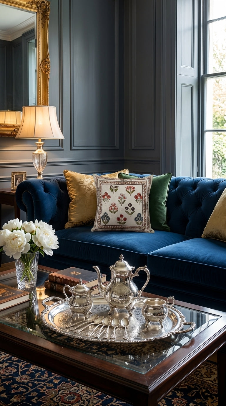 Block print cushion cover styled on navy velvet sofa with silver tea set and gold mirror"