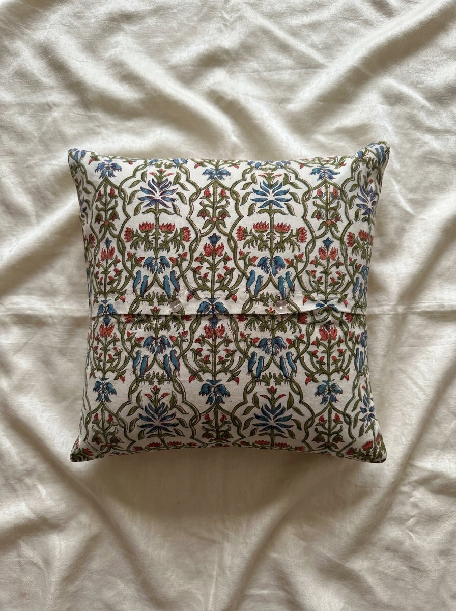 Back view of hand block printed cushion cover showing hidden button closure"