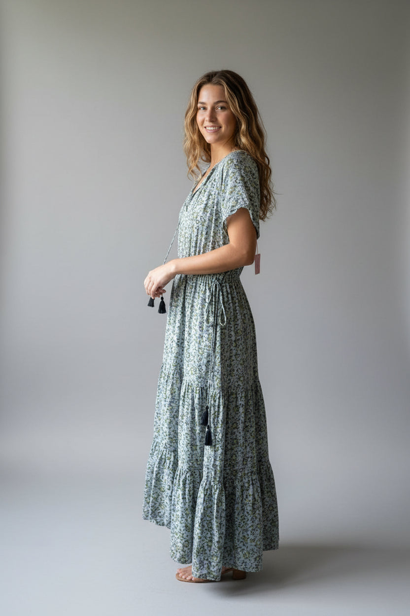 side view of the sage silk dress
