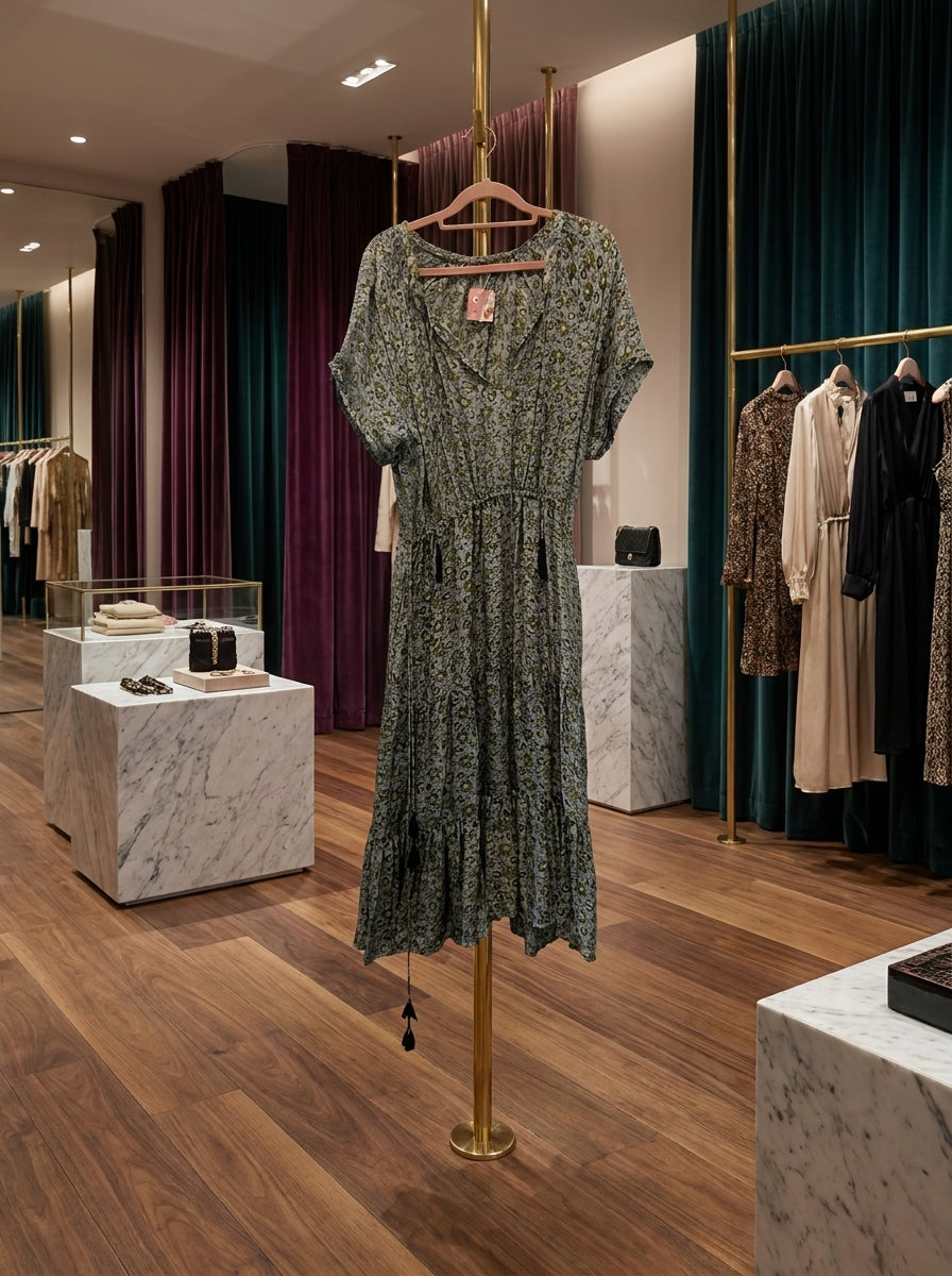Green floral silk dress on hanger displayed in boutique retail setting