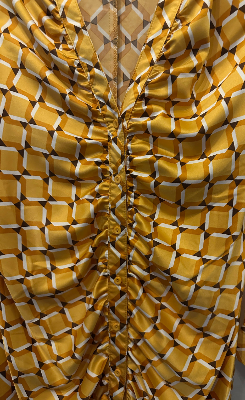 Mustard Geometric Print Ruched Midi Dress with Collar