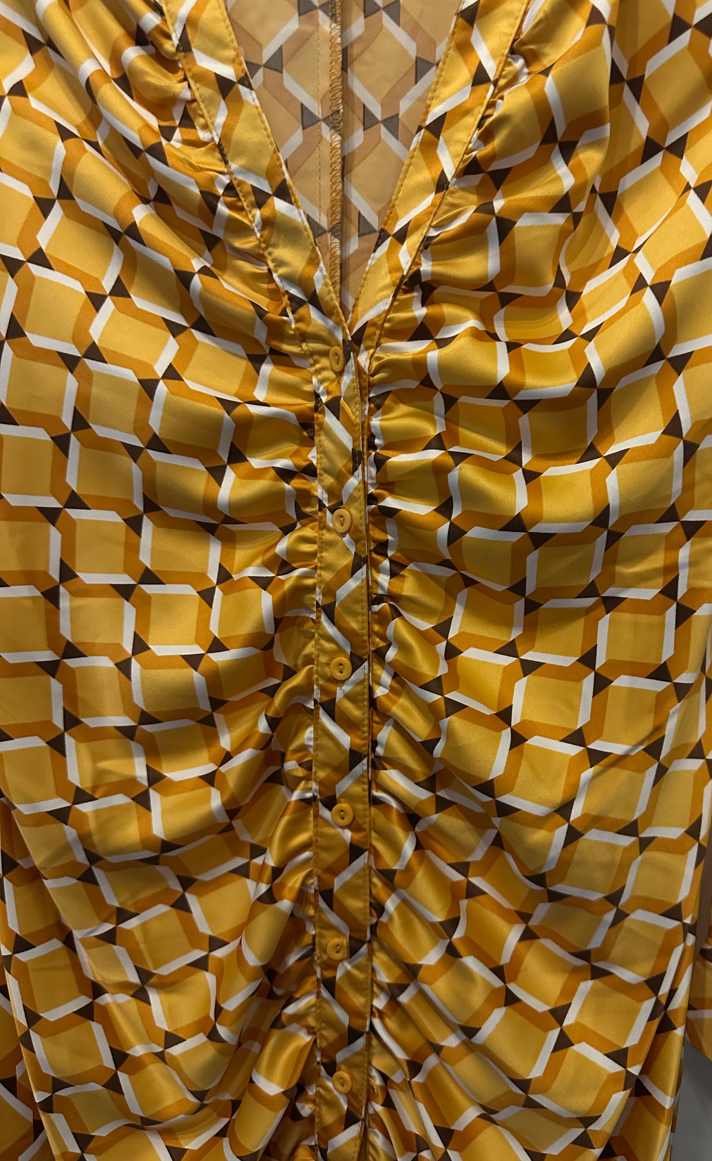 Mustard Geometric Print Ruched Midi Dress with Collar
