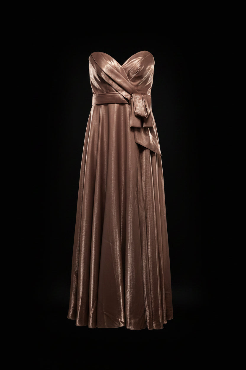 A strapless floor-length gown in a shiny taupe-brown satin-like fabric, hanging on a black hanger against a plain light gray backdrop.