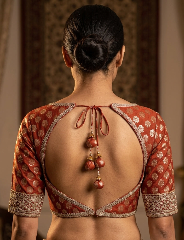 A woman shown from the back wearing a traditional Indian blouse with a wide open back, decorated with intricate gold and red patterns, a tie closure with dangling red beads, and a cream-colored skirt.