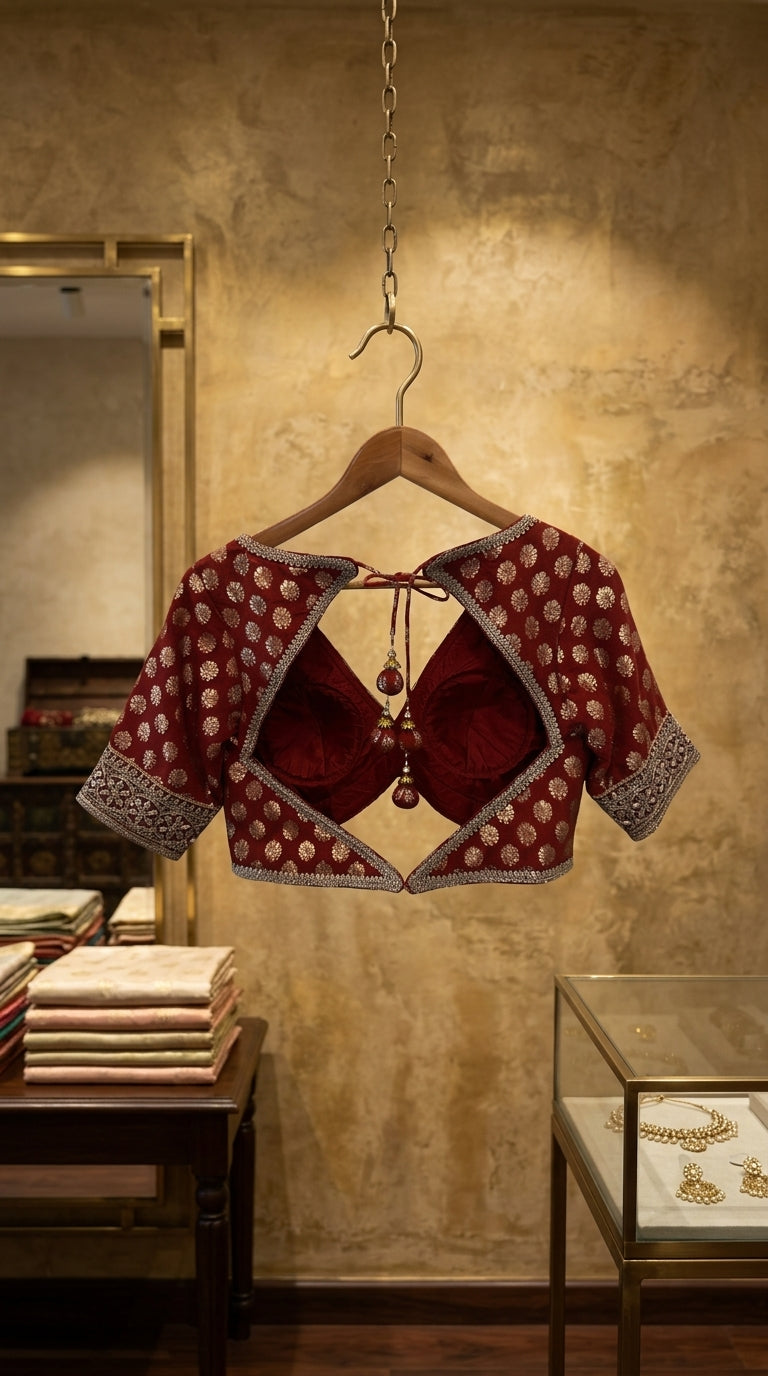 A red and gold patterned blouse with a unique open back design, hanging on a wooden hanger against a textured beige wall in a boutique setting.