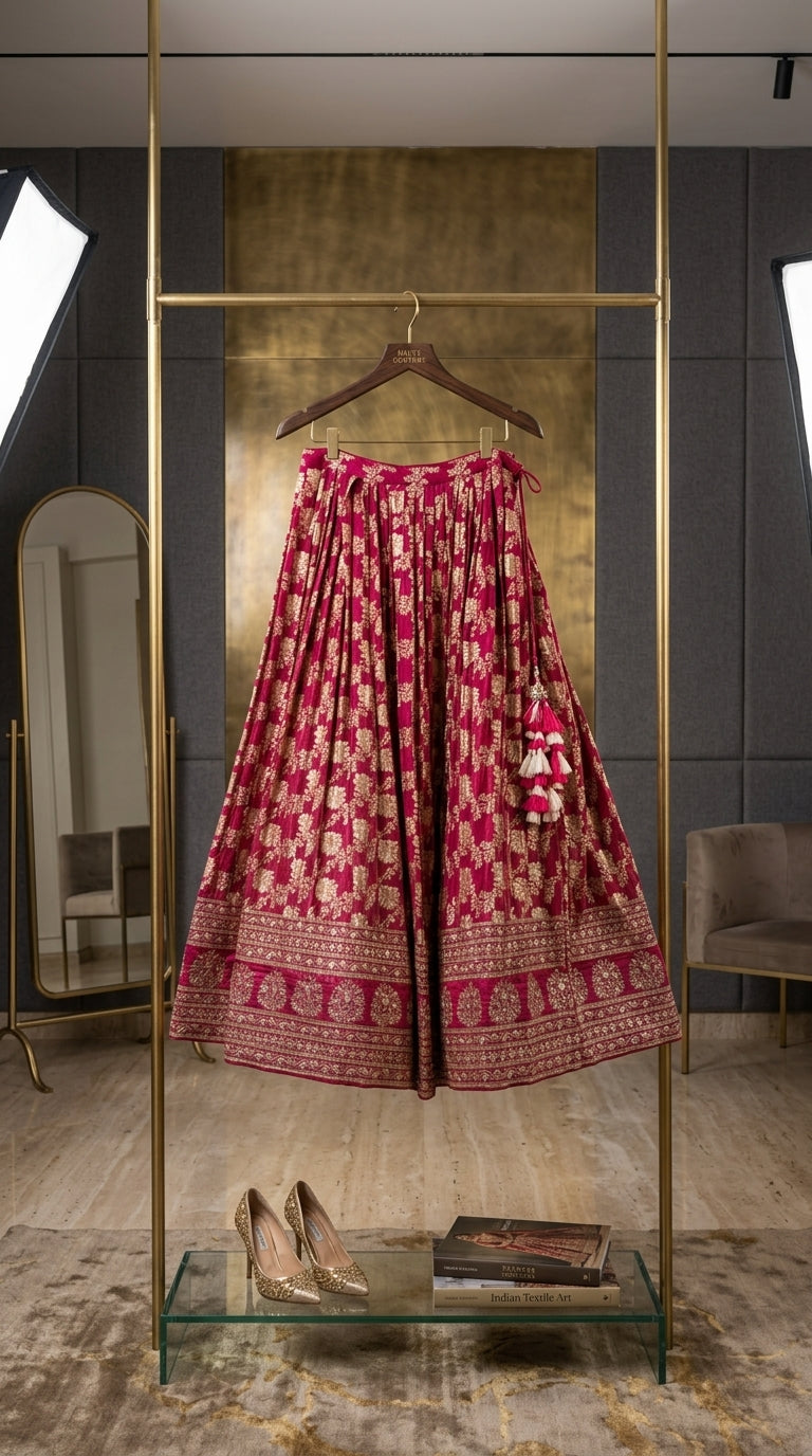 Dark Pink Zardozi Lehenga Set | Hand Embroidered Viscose Lehenga with Tissue Shimmer Dupatta