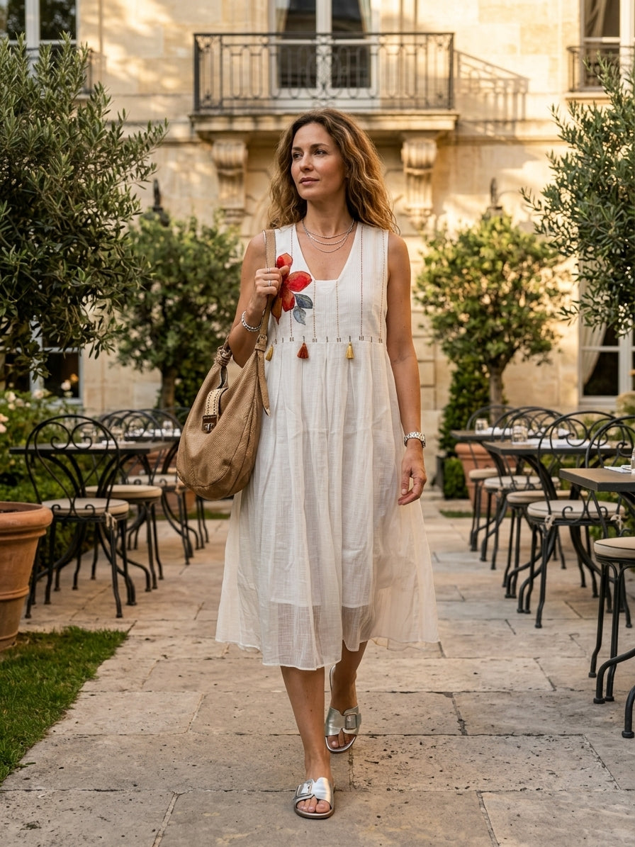 A woman walks through a stone courtyard wearing a sleeveless white midi dress with tassel details, carrying a tan shoulder bag and holding red fruit.